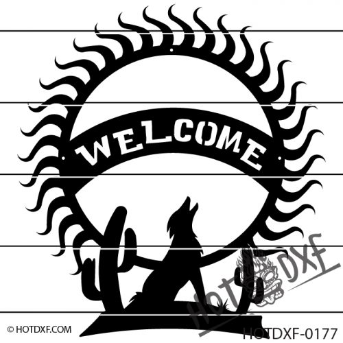HOTDXF-0177 - LONE HOWLING WOLF COYOTE IN DESERT WITH WESTERN SUN AND CACTUS WELCOME SIGN